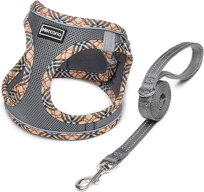 Mercano Soft Mesh Dog Harness and Leash Set, No-Chock Step-in Reflective Breathable Lightweight Easy Walk Escape Proof Vest Harnesses with Safety Buckle for Small Medium Dogs, Cats (Grey, L) PAWPICO