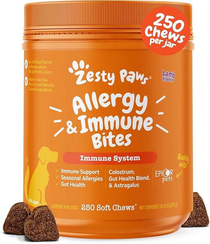 Zesty Paws Dog Allergy Relief- Dog Itching Skin Relief- Dog Probiotics for Itchy Skin and Itchy Ears- Dog Allergy Paw Relief- Dog Allergy Chews- Dog Itch Relief- Dog Skin Allergy Relief - Lamb - 250ct ZestyPaws