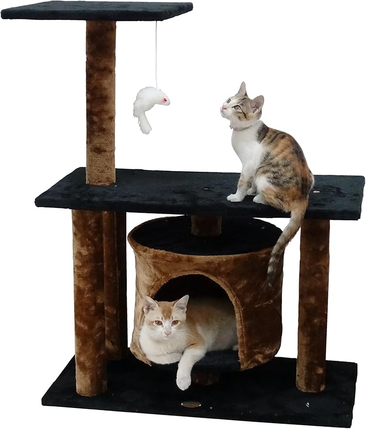 Go Pet Club Everyday Value 38in Cat Tree Kitty Scratcher Tower Kitten Condo House Furniture with Hanging Toy for Indoor Cats, Brown/Black - PAWPICO