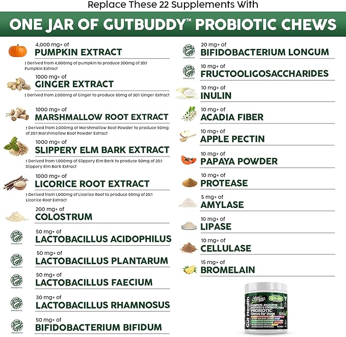 Probiotics for Dogs | Pumpkin Dog Probiotic Gut Health Diarrhea & Bowel Support | Colostrum, Digestive Enzymes, Ginger, Slippery Elm, Licorice, Inulin Fiber | Dog Supplement by Clean Pets - 1Pack CleanPets