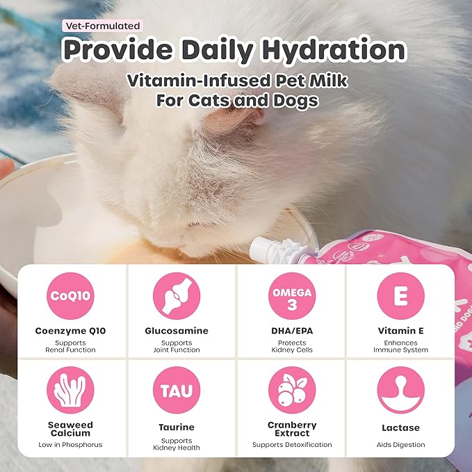 Berry Good Pet Milk. 10pk Vitamin-Infused Cat Milk, Dog, Kitten, Puppy Milk. Dog Bladder Support, Cat Kidney Support, Cat Urinary Supplement Cranberry, Omega 3, CoQ10, Glucosamine, Taurine CHOOLIP