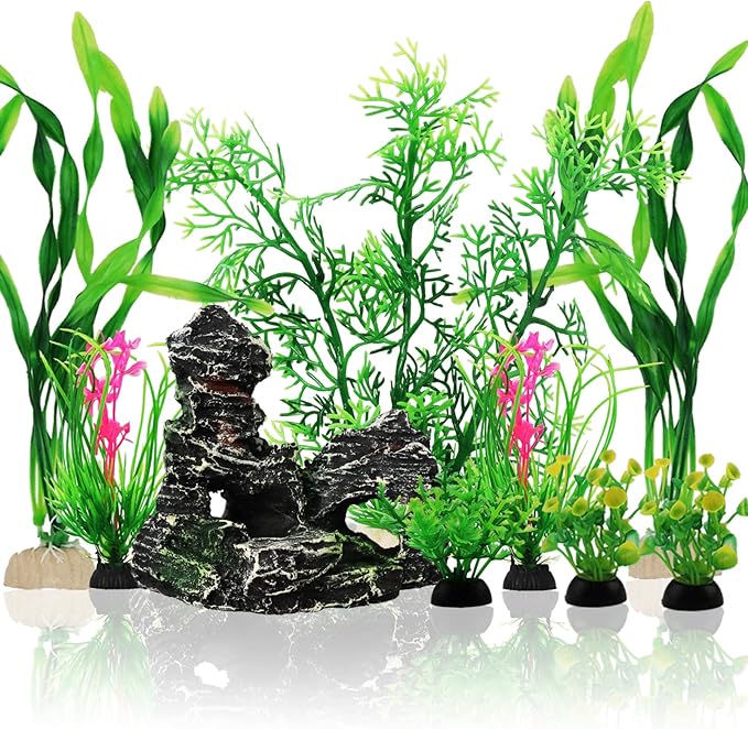 Fish Tank Accessories Aquarium Decorations Plants, 9pcs Green Fish Tank Decorations Plants and Cave Rock Decoration Decor Set, Aquarium Decor Plastic Plants PAWPICO