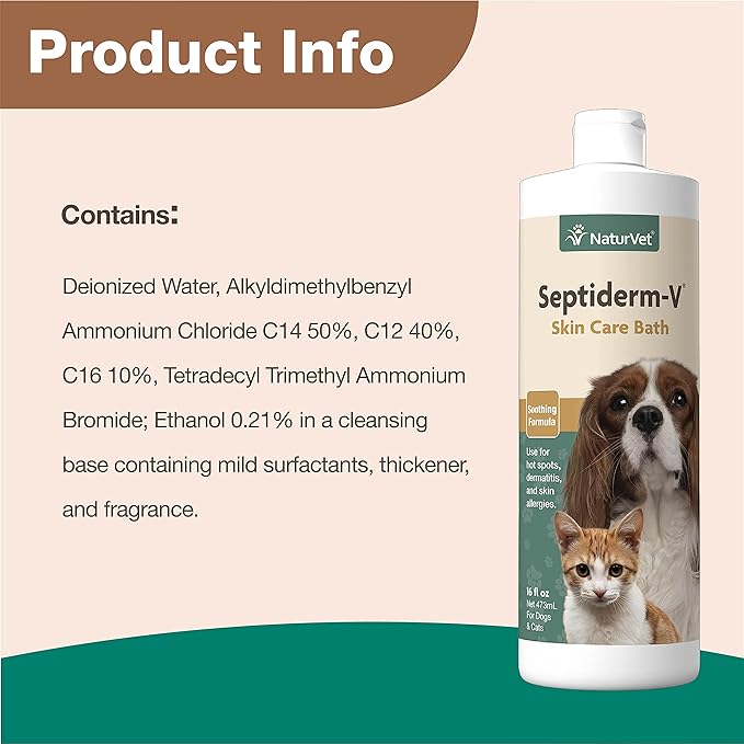 NaturVet Septiderm-V Skin Care Bath Wash for Dogs & Cats – Pet Health, Dog Skin, Itching, Hot Spots – Pet Shampoo, Grooming Aid – 16 Oz. NaturVet