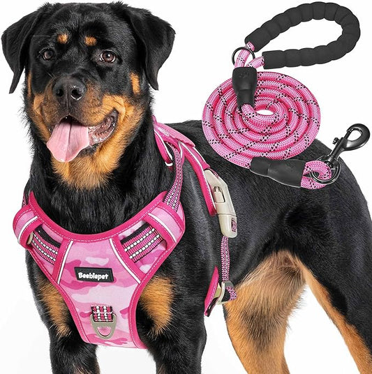 Heavy Duty Tactical Dog Harness for Large Dogs, No Pull Adjustable Pet Harness Reflective Service Training Easy Control Pet Vest Military K9 Working Dog Harnesses- Large, Pink Camo Beebielove