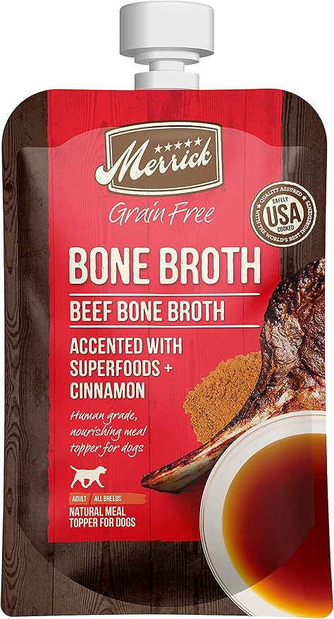 Merrick Grain Free Bone Broth, Premium Human Grade And Gluten Free Dog And Cat Food Topper Pouches, Beef - 7 oz. Pouch - PAWPICO