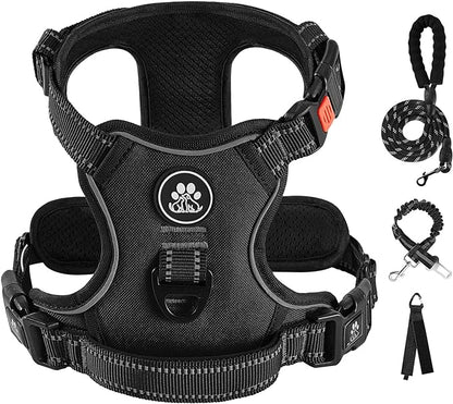 IVY&LANE No Pull Dog Harness for Small Dogs, Dog Vest Harness with Leash, Safety Belt and Storage Strap, Fully Adjustable Harness, 360° Reflective Strip, Soft Handle (Black, S) IVYLANE