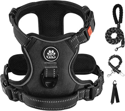 IVY&LANE No Pull Dog Harness for Large Dogs, Dog Vest Harness with Leash, Safety Belt and Storage Strap, Fully Adjustable Harness, 360° Reflective Strip, Soft Handle (Black, L) IVYLANE