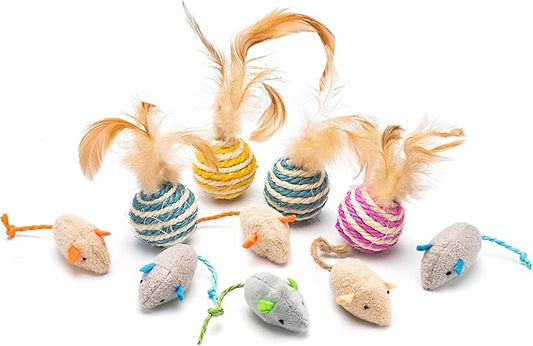 Cat Toy Feather Sisal Ball 4 Count，Mouse Catnip Cat Toys 6 Count- Handmade Cat Toys with Feathers, Scratch & Bite Resistant Sisal Balls for Cats (Random Color) - PAWPICO