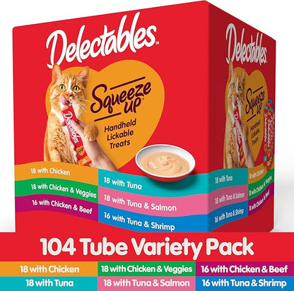 Delectables Squeeze Up Variety Pack, Creamy Squeezable Puree, Lickable Wet Cat Treats, Grain Free, No Added Fillers, No by-Products, No Added Preservatives, 0.5 Ounces Tube, 104 Tubes Total Hartz