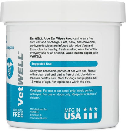 Dog Ear Wipes - Otic Cleaning Wipes for Infections and Controlling Ear Infections and Ear Odor in Pets - EarWELL by VetWELL - 100 Count VetWELL