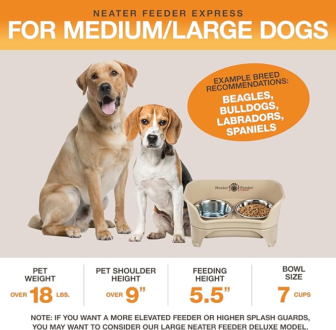 Neater Feeder - Express Model - Mess-Proof Dog Bowls (Medium/Large, Almond) – Made in USA – Elevated, No Spill, Non-Tip, Non-Slip, Raised Stainless Steel Food & Water Pet Bowls - PAWPICO