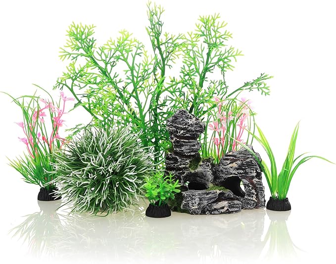 JIH Aquarium Fish Tank Plastic Plants and Cave Rock Decorations Decor Set 7 Pieces, Small and Large Artificial Fish Tank Plants with Cave Rock JIH