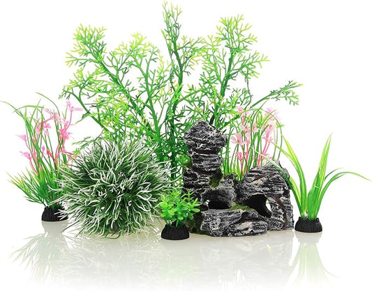 JIH Aquarium Fish Tank Plastic Plants and Cave Rock Decorations Decor Set 7 Pieces, Small and Large Artificial Fish Tank Plants with Cave Rock JIH