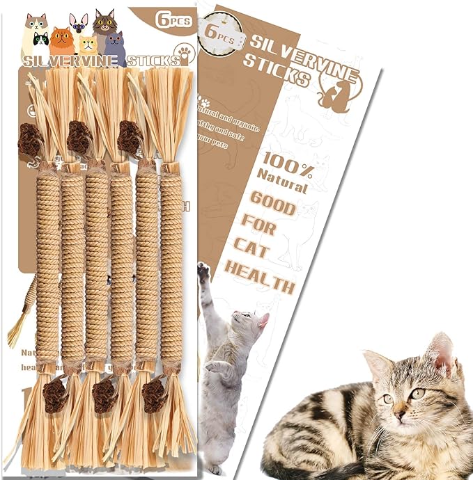 Cat Toy (6 PCS) Silver Rattan Stick Catnip Stick Cat Training Toy Cat Chew Stick Indoor Cat Interactive Toy Cat Tooth Cleaning Toy Cat Wooden Tooth Stick Cat Game - PAWPICO