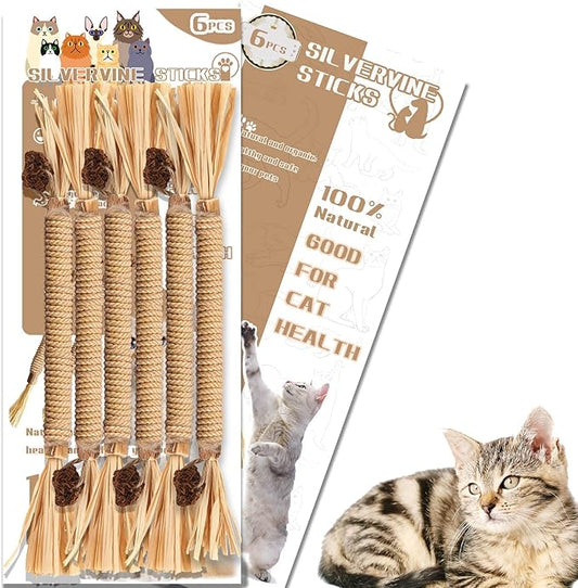 Cat Toy (6 PCS) Silver Rattan Stick Catnip Stick Cat Training Toy Cat Chew Stick Indoor Cat Interactive Toy Cat Tooth Cleaning Toy Cat Wooden Tooth Stick Cat Game - PAWPICO