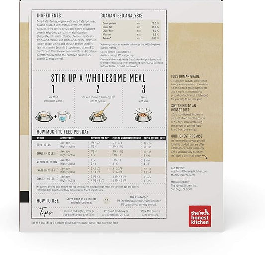 The Honest Kitchen Dehydrated Whole Grain Turkey Dog Food, 4 lb Box - PAWPICO