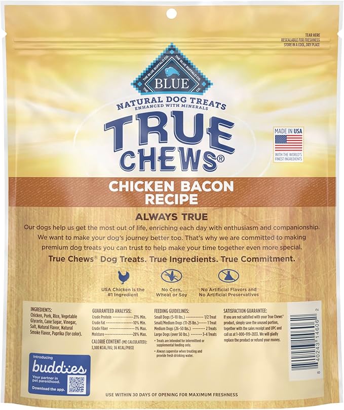 Blue Buffalo True Chews Dog Treats, Made in the USA with Natural Ingredients, Chicken Bacon Recipe, 22-oz Bag - PAWPICO