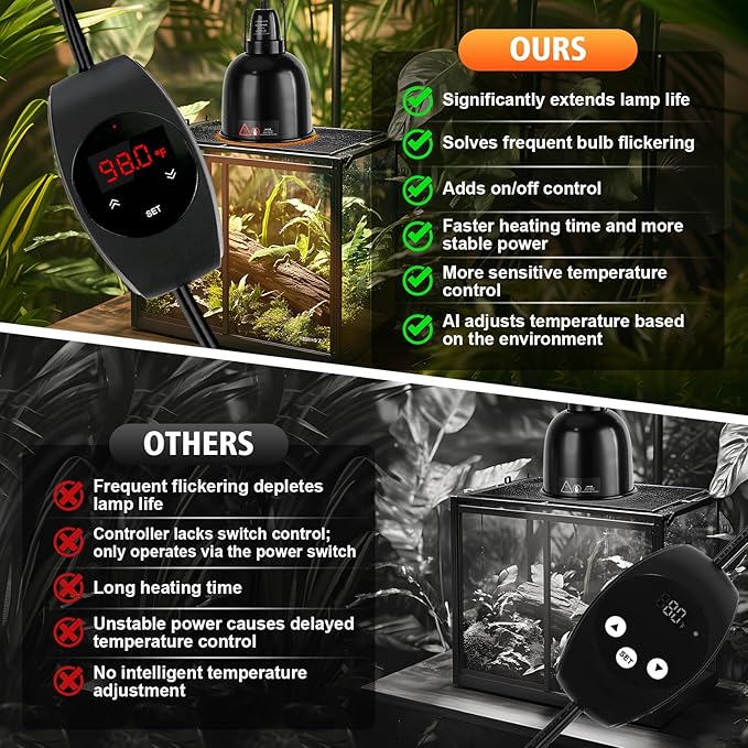 Reptile Light Fixture with Thermostatic Timer, 5.5'' Reptile Heat Lamp Fixture, Added Switch Control Function with 100W Heat Lamp Bulbs for Reptile Glass Terrariums PAWPICO
