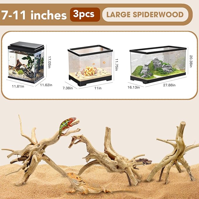Natural Large Spiderwood Driftwood for Aquarium Decor Rptile Fish Tank Decoration Assort Branch 7-11'' 3 Pcs Jorewood