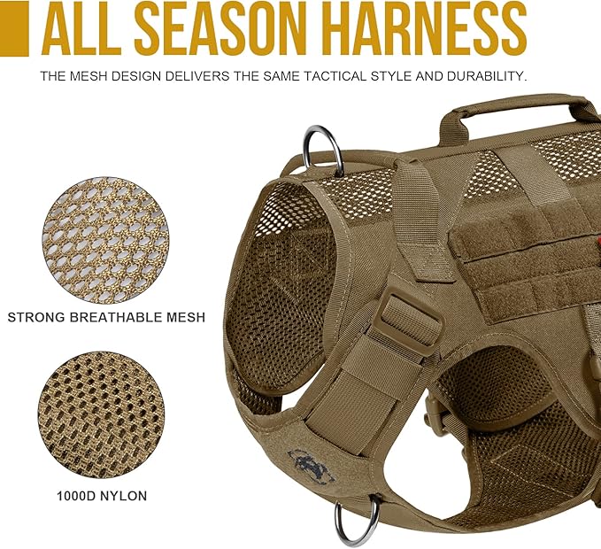 OneTigris No Pull Tactical Dog Harness for Medium Large Dog, Mesh Design Breathable Service Dog Vest with Handle, Military Dog Vest Harness with Molle Panels for Walking Hiking Training (XL, Brown) OneTigris