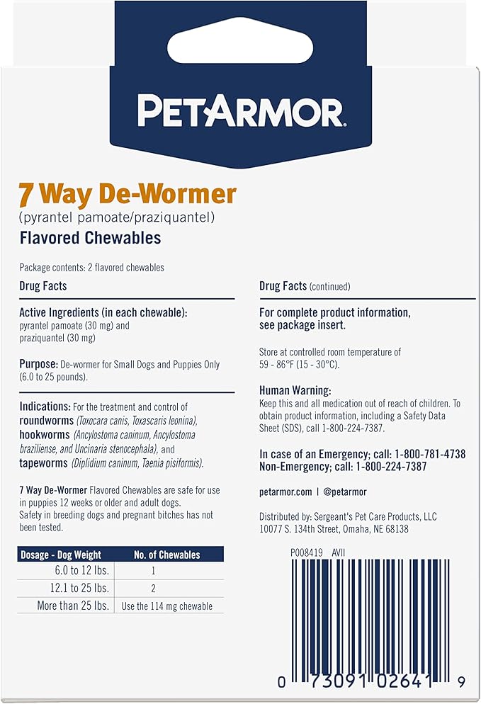 PetArmor 7 Way De-Wormer for Dogs, Oral Treatment for Tapeworm, Roundworm & Hookworm in Small Dogs & Puppies (6-25 lbs), Worm Remover (Praziquantel & Pyrantel Pamoate), 6 Flavored Chewables PetArmor