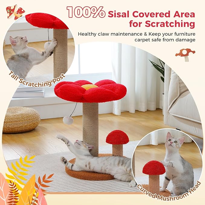 PETEPELA Cat Scratching Post, Mushroom Cat Scratcher Cute Cat Tree Tower with Thick Scratching Post & Removable Flower Cat Bed [Dia=15.7''], Tall Cat Post for Kittens and Indoor Small Cats, Brown - PAWPICO