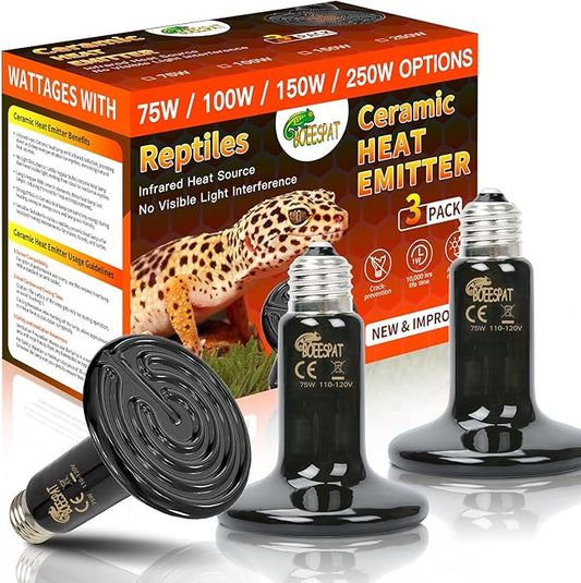Energy Efficient 75W Reptile Heat Bulbs, Pack of 3 Ceramic Heat Emitters for Geckos, Turtle, Snake, Bearded Dragon, Lizards, Iguana, Reptile & Amphibians BOEESPATDirect