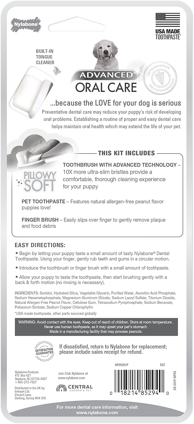 Nylabone Advanced Oral Care Puppy Dental Kit with Pillowy Soft-Bristle Toothbrush Peanut Butter (3 Count) Nylabone