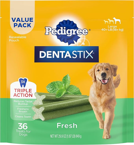 PEDIGREE DENTASTIX Dental Dog Treats for Large Dogs Fresh Flavor Dental Bones, 1.87 lb. Value Pack (36 Treats) - PAWPICO