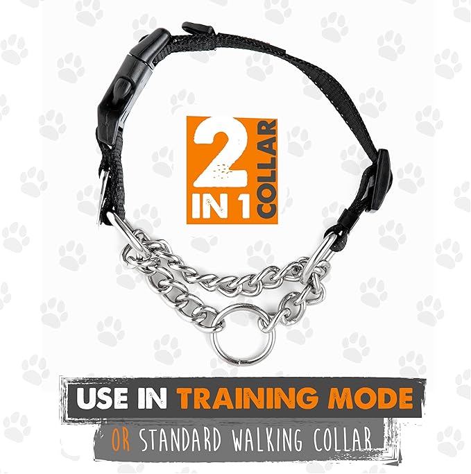 Mighty Paw Martingale Dog Collar 2.0 | Trainer Approved Limited Slip Collar with Stainless Steel Chain & Heavy Duty Buckle - Modified Cinch Collar for Gentle & Effective Pet Training - Medium, Black MightyPaw