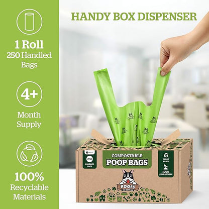 Pogi's Compostable Dog Poop Bags with Handles - 250 Doggie Poop Bags with Easy-Tie Handles - Leak-Proof Dog Waste Bags, Plant-Based, ASTM D6400, EN 13432 Certified Extra Large Poop Bags for Dogs - PAWPICO