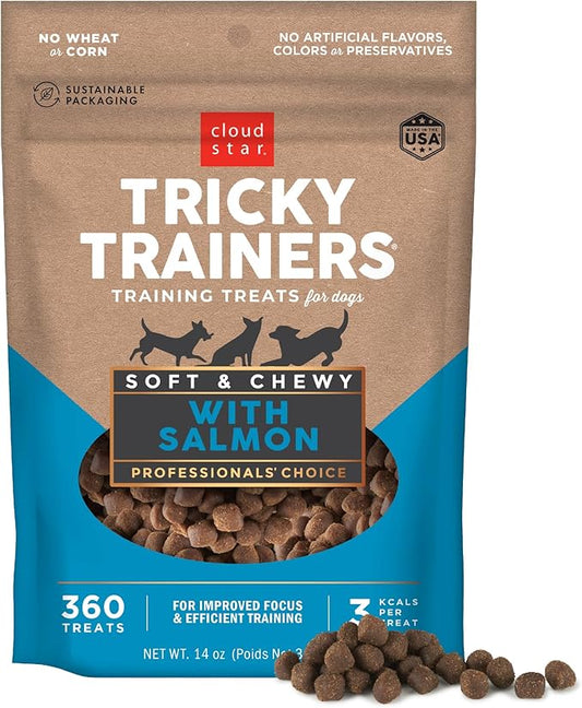 Cloud Star Tricky Trainers Soft & Chewy Dog Training Treats 14 oz Pouch, Salmon Flavor, Low Calorie Behavior Aid with 360 treats - PAWPICO
