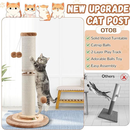 OTOB 32" Tall Cat Scratching Post, 4.3Inch Large Diameter Natural Sisal Rope Scratcher Post for Indoor Large Cats Kittens, 5-in-1 Interactive Turntable Cat Scratch Post (Brown, B-33Inch) - PAWPICO