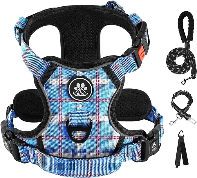 IVY&LANE No Pull Dog Harness with Leash Set, Reflective No Choke Pet Vest,Adjustable Oxford Dog Vest Harness with Easy Control Handle for Medium Lagre Dogs (Checkered Blue,M) IVYLANE