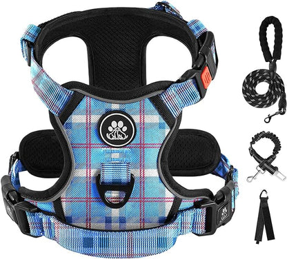 IVY&LANE No Pull Dog Harness with Leash Set, Reflective No Choke Pet Vest,Adjustable Oxford Dog Vest Harness with Easy Control Handle for Medium Lagre Dogs (Checkered Blue,M) IVYLANE