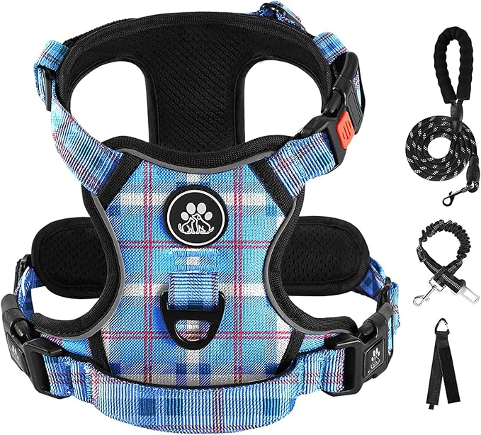 IVY&LANE No Pull Dog Harness with Leash Set, Reflective No Choke Pet Vest,Adjustable Oxford Dog Vest Harness with Easy Control Handle for Large Dogs (Checkered Blue,L) IVYLANE