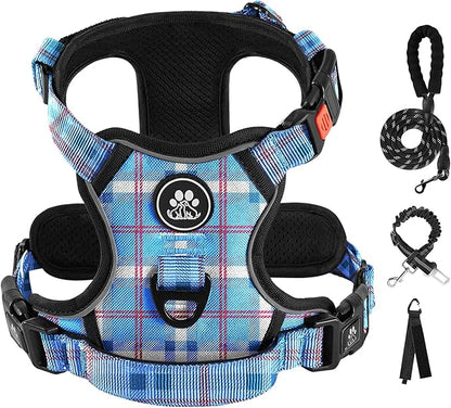 IVY&LANE No Pull Dog Harness with Leash Set, Reflective No Choke Pet Vest,Adjustable Oxford Dog Vest Harness with Easy Control Handle for Large Dogs (Checkered Blue,L) IVYLANE