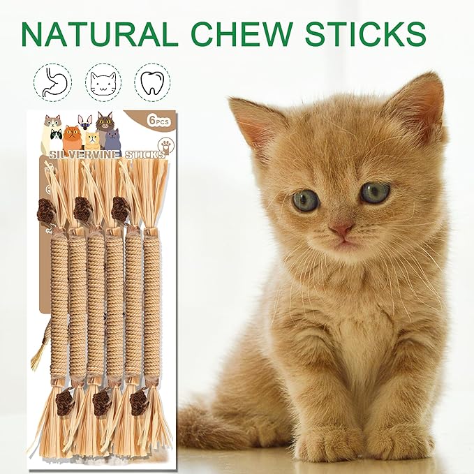 Cat Toy (6 PCS) Silver Rattan Stick Catnip Stick Cat Training Toy Cat Chew Stick Indoor Cat Interactive Toy Cat Tooth Cleaning Toy Cat Wooden Tooth Stick Cat Game - PAWPICO