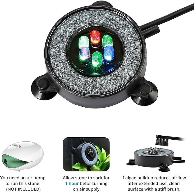 NICREW Multi-Colored LED Aquarium Bubbling Stone Disk, Round Fish Tank Bubbler with Auto Color Changing LEDs NICREW