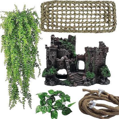 5 PCS Tank Accessories for Bearded Dragon Include Resin Classical Castle Reptile Climb Habitat Decor Hanging Jungle Vines Flexible Leaves Climbing Decor for Lizard Gecko Chameleon Spider MUYG