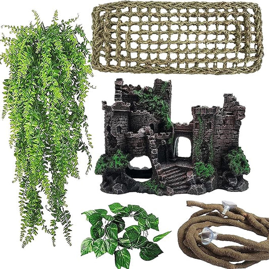 5 PCS Tank Accessories for Bearded Dragon Include Resin Classical Castle Reptile Climb Habitat Decor Hanging Jungle Vines Flexible Leaves Climbing Decor for Lizard Gecko Chameleon Spider MUYG