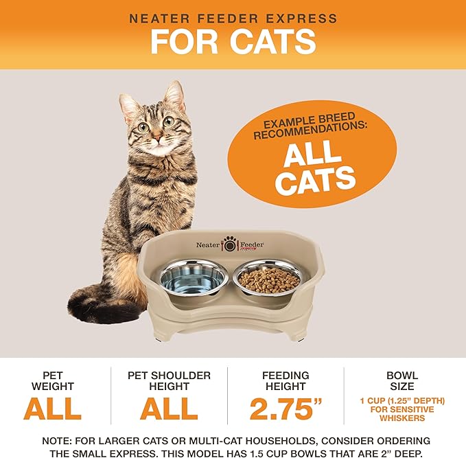 Neater Feeder Express Cat Mess Proof Feeder for Cats, 1 Cup Whisker-Friendly Stainless Steel Food & Water Bowls, No Spill, Non-Tip/Slip. Made in USA - PAWPICO