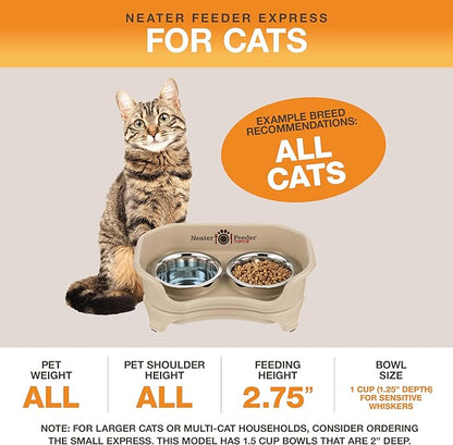 Neater Feeder Express Cat Mess Proof Feeder for Cats, 1 Cup Whisker-Friendly Stainless Steel Food & Water Bowls, No Spill, Non-Tip/Slip. Made in USA - PAWPICO