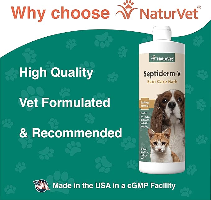 NaturVet Septiderm-V Skin Care Bath Wash for Dogs & Cats – Pet Health, Dog Skin, Itching, Hot Spots – Pet Shampoo, Grooming Aid – 16 Oz. NaturVet