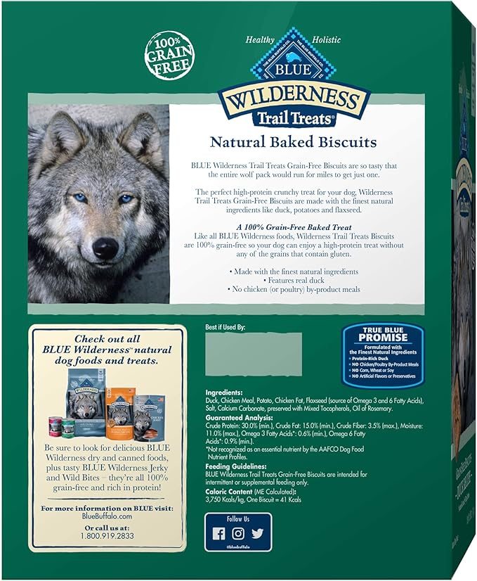 Blue Buffalo Wilderness Trail Treats High Protein Grain Free Dog Biscuits Crunchy Dog Treats, Duck Recipe, 36-oz Box - PAWPICO