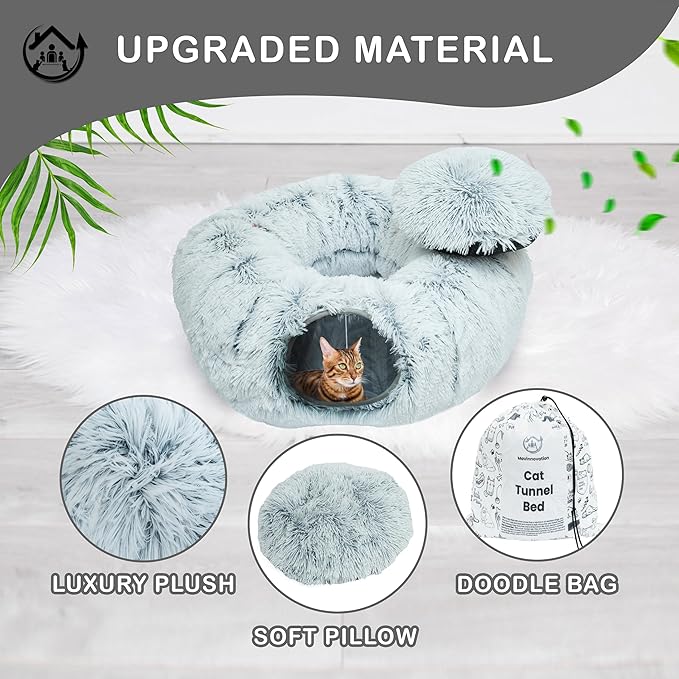 Large Cat Tunnel Bed for Indoor Cats Warm Fluffy Plush Cat Cave Tunnel Bed Collapsible, Washable, 3 Way and Multifunctional with Dangling Balls for Cats, Kittens and Rabbits- Gray - PAWPICO