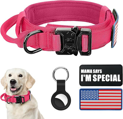 Tactical Dog Collar and Bungee Leash,Military Dog Collar & Leash Set with USA American Flag Adjustable K9 Collar with Heavy Duty Metal Buckle & Handle,with Patches and Airtags Case (Pink(1PCS), XL) Celifelight