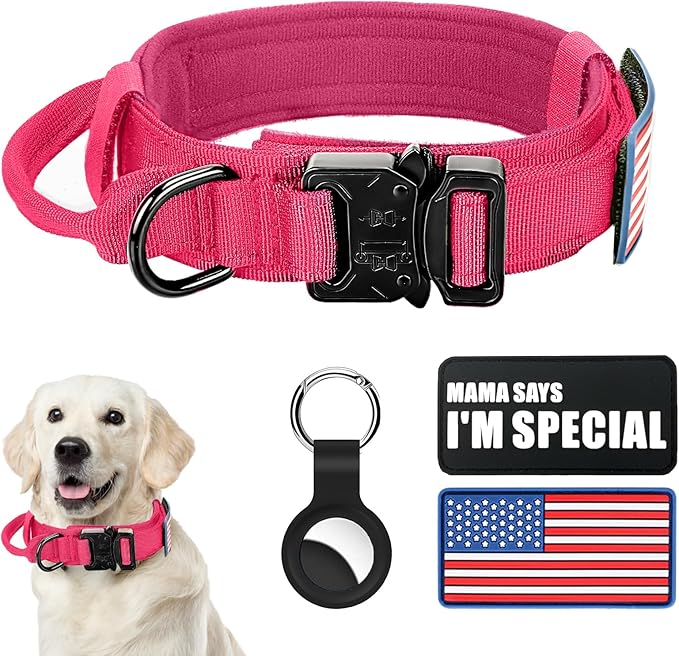 Tactical Dog Collar Military Dog Collar Adjustable Nylon Dog Collar Heavy Duty Metal Buckle with Handle for Dog Training,with Patches(Pink(1PCS), M) Celifelight