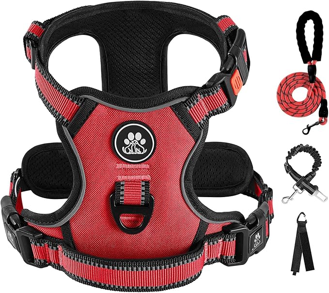 IVY&LANE No Pull Dog Harness for Large Dogs, Dog Vest Harness with Leash, Safety Belt and Storage Strap, Fully Adjustable Harness, 360° Reflective Strip, Soft Handle (Red, XL) IVYLANE