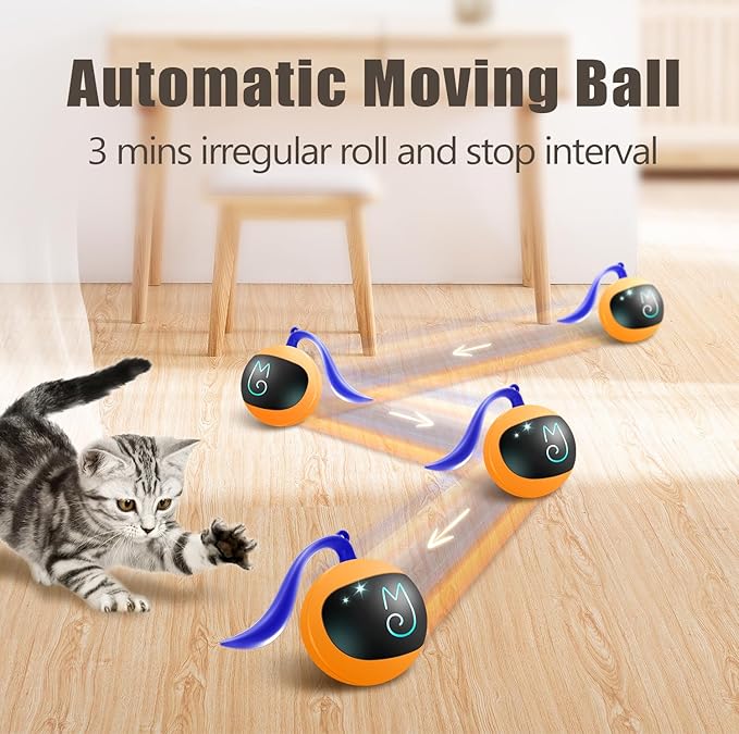 Migipaws Interactive Cat Ball Toy Set, Fun Tracker, Automatic Rolling Chase Ball with Fluffy Tail, A Small Mice, Rechargeable（Orange） - PAWPICO